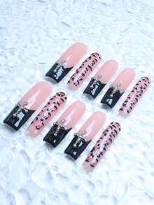 CrystalHola 10片手工穿戴甲，長款棺材形亮面水鑽美甲，奢華3D飾品裝飾美甲，壓克力材質，可重複使用，批發，迷人百搭風格，適合日常穿戴/約會/派對/婚禮/夜生活，工具隨機顏色 - 彩色 - 查看 2