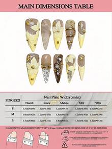 LIVENTO 10pcs/Set Press On Nails Long Stiletto 3D Flower Cream Yellow Nude Gray Glossy Full Cover Nail Tips With Pearl Gold Foil Metal Decoration Elegant Reusable For Wedding Party Daily Wear Handmade Press On Nails Premium Fake Nails. - A-040 - 查看 3