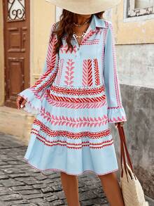 Women's Bohemian Style A-Line Short Shirt Dress, Collar Long Sleeve, Button Front, Ruffle Hem - Multicolor - View 3