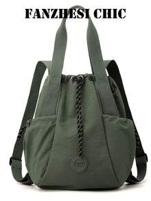Mochila tipo cubo de nailon suave con cierre de cordón, múltiples bolsillos laterales, decoración de logotipo redondo, uso versátil, bolsa casual para viajes y desplazamientos - Verde militar - Ver 2