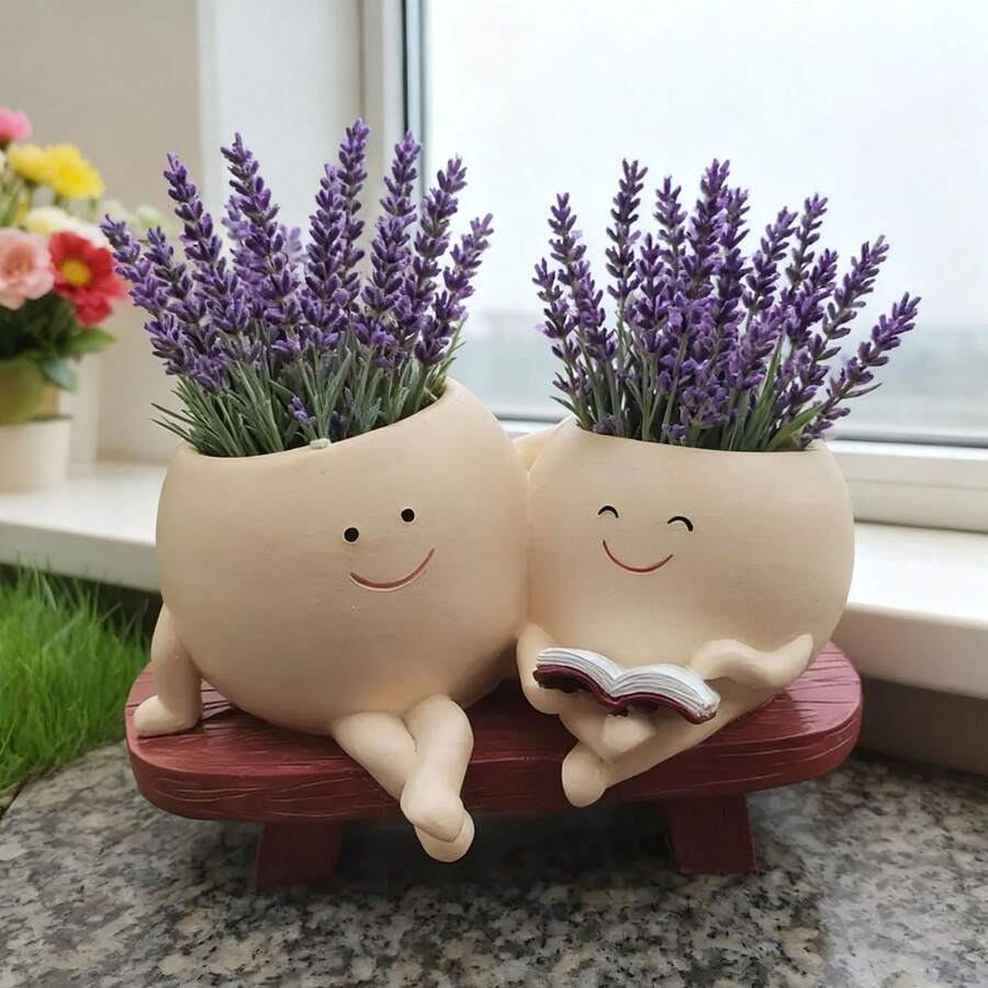 Cute Couple Hugging Character Flower Pot, Creative Smiling Face Succulent Planter, INS Style Desktop Decorative Plant Pot For Home Garden Gift - A - View 1
