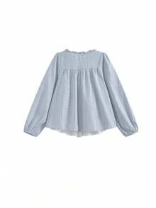 Korean Style Sweet Youthful Ruffle Petal Sleeve 2 In 1 Striped Loose Long Sleeve Blouse Top - Blue - View 6