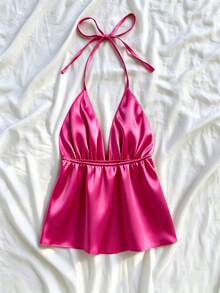1pc Spring/Summer New Solid Color Sleeveless Spaghetti Strap Strap Tank Top For Daily Wear, Party And Vacation, All Seasons - Hot Pink - View 4