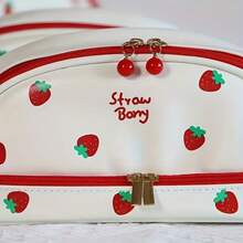 1pc Double Layer Strawberry Pencil Case, Cute Girl Heart Pencil Box, Minimalist Large Capacity Stationery Storage Bag For Middle School Students, Strawberry Shaped Sticker,Back To School Season - Double-layer Pencil Case - View 5