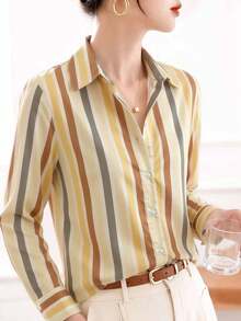 Kemeja lengan pendek berkancing motif garis-garis multiwarna, 100% katun murni, cocok untuk wanita, untuk bepergian ke kantor. - Kuning - View 5