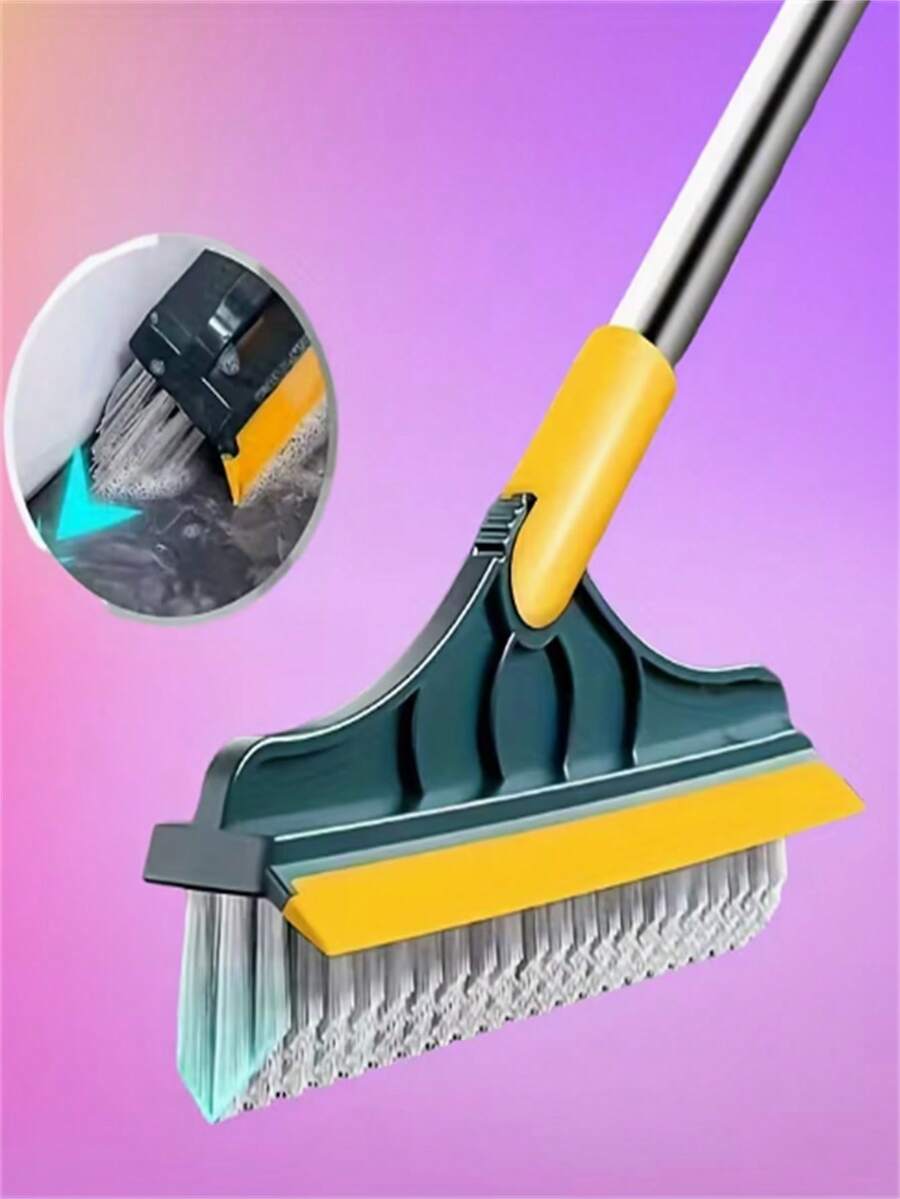 1pc Long Handle Cleaning Brush, 2-In-1 Floor Gap Cleaning Tool, Window Cleaning Tool, Suitable For Bathroom, Toilet, Hotel And Commercial Use, With Angled Bristles And Scraper, 180° Rotating Brush Head, Home Cleaning Helper