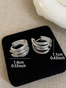 1 đôi khuyên tai kẹp vành tai hình học nhiều lớp đính đá Cubic Zirconia sang trọng, phù hợp cho nữ đeo hàng ngày và dự tiệc - Bạc - Xem 3