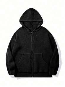 Men's Fashion Casual Versatile Solid Color Minimalist Zip-Up Sweatshirt Long Sleeve Loose Ribbed Hooded Sweatshirt Pocket Knit Sweatshirt Jacket Autumn/Winter - Black - View 6