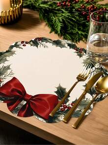2/4/600pcs Christmas Party Flower Placemats - Vintage Holly And Red Bow Wreath; 13.78 Inch Linen Material; Tabletop Decor Non-Slip, Heat-Resistant And Machine Washable - Multicolor - View 4