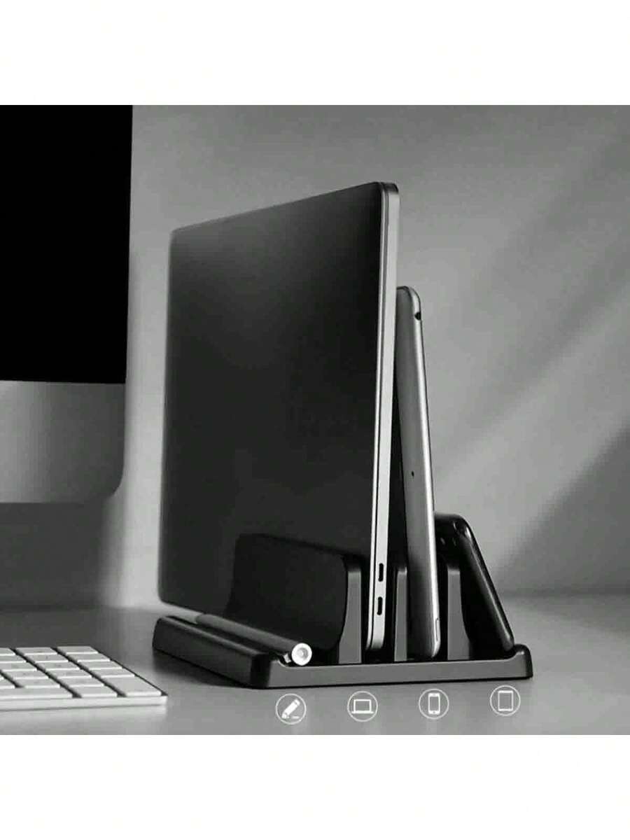 1pc Adjustable Ergonomic Laptop Stand - ABS Material, Height Adjustable Desk Laptop Stand For Best Viewing Angle - Space-Saving Vertical Storage Rack, Compatible With MacBook, IPad, Tablet, Black