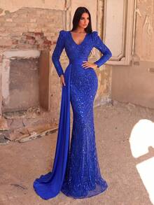 Faeriesty Luxury Sequin Embroidered Floor-Length Evening Gown Wedding Dress Party Fall - Royal Blue - View 5
