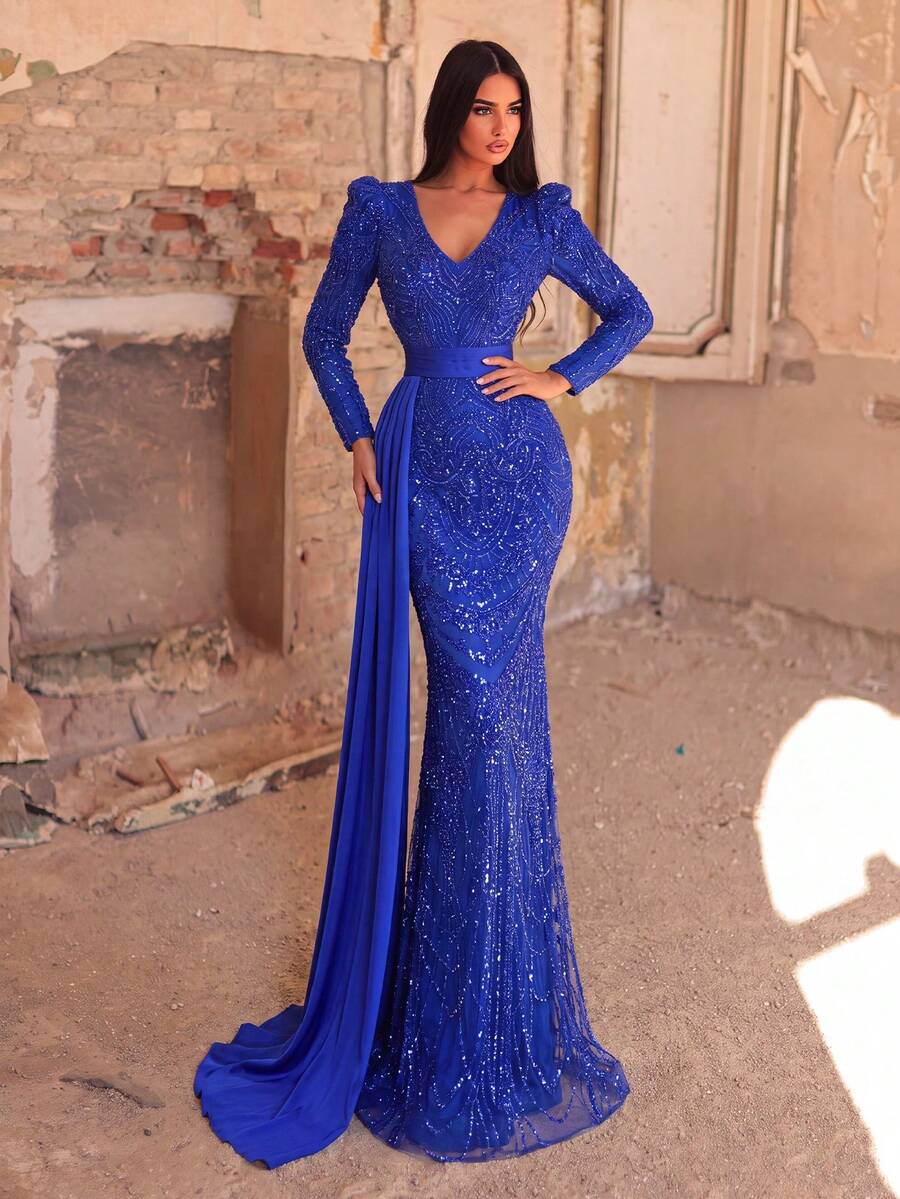 Faeriesty Luxury Sequin Embroidered Floor-Length Evening Gown Wedding Dress Party Fall