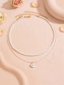 2pcs Teen Fashion Minimalist Asymmetrical Faux Pearl Beaded Alloy Shell Pendant Double Layer Stackable Sweet Collarbone Chain Suitable For Beach Wear Daily Outfit Versatile - Multicolor - View 1
