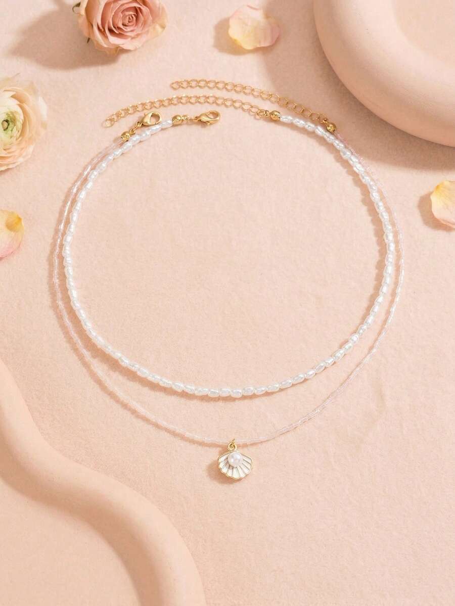 2pcs Teen Fashion Minimalist Asymmetrical Faux Pearl Beaded Alloy Shell Pendant Double Layer Stackable Sweet Collarbone Chain Suitable For Beach Wear Daily Outfit Versatile - Multicolor - View 1