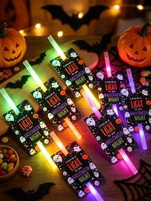 48pcs Halloween Glow Stick Cards, Halloween Glow Stick Bracelet Packaging Cards With Pumpkin, Ghost, Spider Web Design, "A Little Light To Brighten Your Halloween Night", Halloween Decoration, Halloween Party Decoration, Halloween Candy Or Trick Or Treat Decoration, Happy Halloween Decoration, Halloween Outdoor Decoration (Glow Sticks Not Included) - Multicolor - View 1