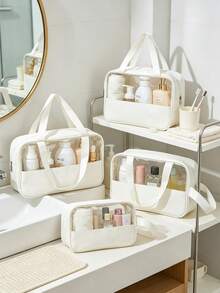 3Pcs PVC Travel Cosmetic Bag Set, Large Capacity Portable Toiletry & Makeup Brush Storage Pouch, Vacation Travel Essential Organizer Case, Storage Bag For Storage Room Storage & Beauty Supplies Neat Organization - White - View 4
