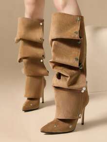 Women's High-Shaft Pointed Toe High Heel Stiletto Western Cowboy Boots With Button Patchwork, 2-Way Wear Slouchy Fashion Boots - Khaki Suede - View 3