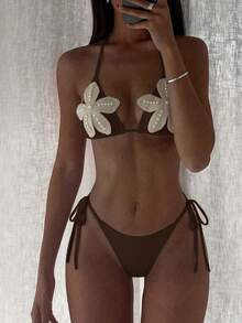 2026 New Beaded 3D Floral Decor Bikini Set, 2-Piece Swimwear With Triangle Halter Top And Side Tie Triangle Bottom Brown Vacation Beach Summer - Brown - View 3