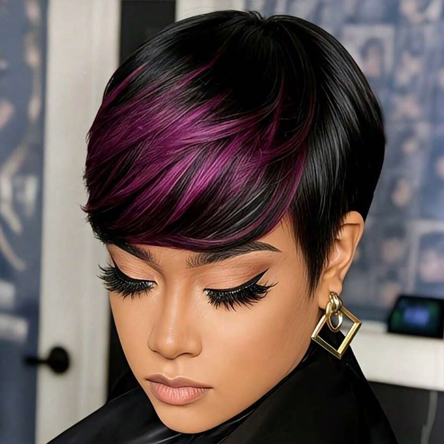 Perruque pour femmes 4 pouces/10,16 cm en cheveux humains brésiliens lisses - Noir naturel/Bourgogne 1B/99J coupe pixie courte avec frange, densité 180% coiffure lisse en couches convenant aux tons de peau, perruques fabriquées à la machine parfaites pour le port quotidien & les vacances & les fêtes