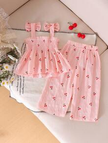 Conjunto de 2 piezas de top camisola con estampado lindo y fresco y pantalones largos para niña bebé, primavera/verano - Rosa - Ver 2
