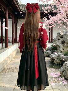 1PC Oriental Element Modified Girl Floral Yao Daily Ancient Style Outfit Set, Suitable For Festival Party Performance Wear, COSPLAY Role Play Costume Accessories, Includes Top + Skirt - Red and Black - View 6