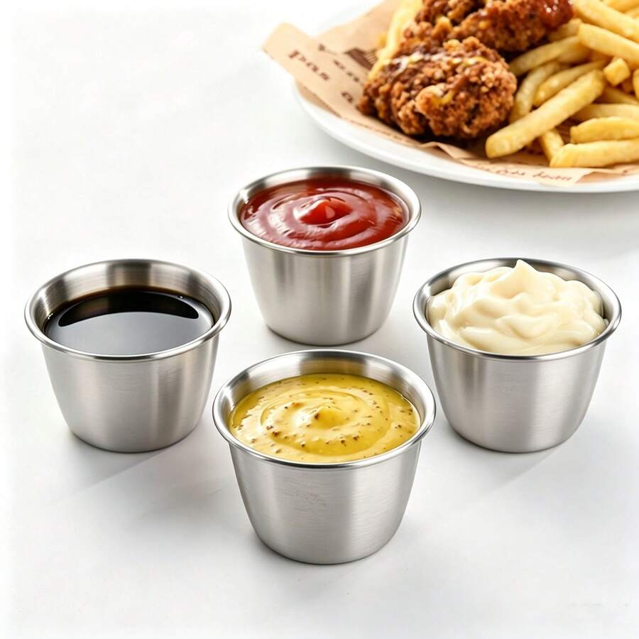 2/4/6pcs Reusable Stainless Steel Sauce Cups, Ketchup Mustard Salad Dressing BBQ Sauce Cups, Restaurant Kitchen Utensils - Silver - View 1