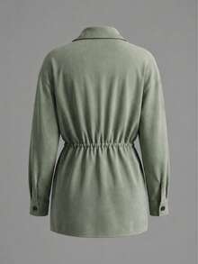Women's Loose Long Sleeve Collared Long Utility Shacket, Woven Fabric, Non-Stretch, Suitable For Autumn Casual Vintage Style - Olive Green - View 3