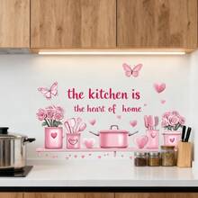 "The Kitchen Is The Heart Of A Home" 1 قطعة ملصق مطبخ وردي، يتميز بأدوات مائدة وردية أنثوية، قلوب، زهور، فراشات، ورود وأنماط تصميم رومانسية أخرى مقاومة للماء ذاتية اللصق، يجلب أجواء رومانسية وجميلة لمطبخك، ملصق ديكور جداري لأولئك الذين يصنعون الطعام اللذيذ، ملصق إبداعي، ملصق ممتع، سهل التطبيق والإزالة، عنصر مثير للاهتمام، مناسب لديكور المنزل، ديكور المنزل، ملصقات الجدران والفن الجداري، ملصقات الجدران، ديكور الأعمال الفنية، خيار مثالي - لون القرنفل - مشاهدة 5