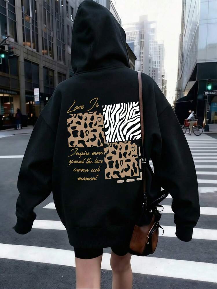 女款連帽衛衣，秋冬新款字母印花，抽繩設計，附口袋，休閒百搭寬鬆上衣，時尚日常穿搭 - 黑色 - 查看 7