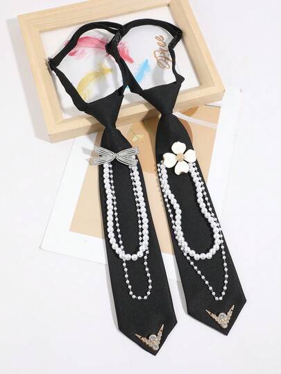 1PC Fashion Preppy Style Unisex Faux Pearl Chain Flower Bow Decor No-Tie Necktie Suitable For Daily Travel Banquet Party School Date Matching