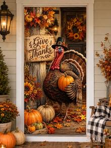 1pc Thanksgiving Turkey Door Curtain Backdrop, Give Thanks Pumpkin Maple Leaf Sunflower Print Polyester Vertical Door Banner, Suitable For Entryway, Front Porch, Farm Theme Party And Autumn Home Decor, Multiple Sizes Available - A - View 5