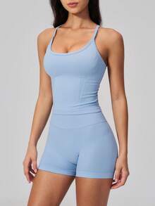 NcmRyu Women's One Set Solid Color U-Neck Spaghetti Strap Y-Shaped Criss-Cross Back Ribbed High Waist Shorts Sports Set - Baby Blue - View 7