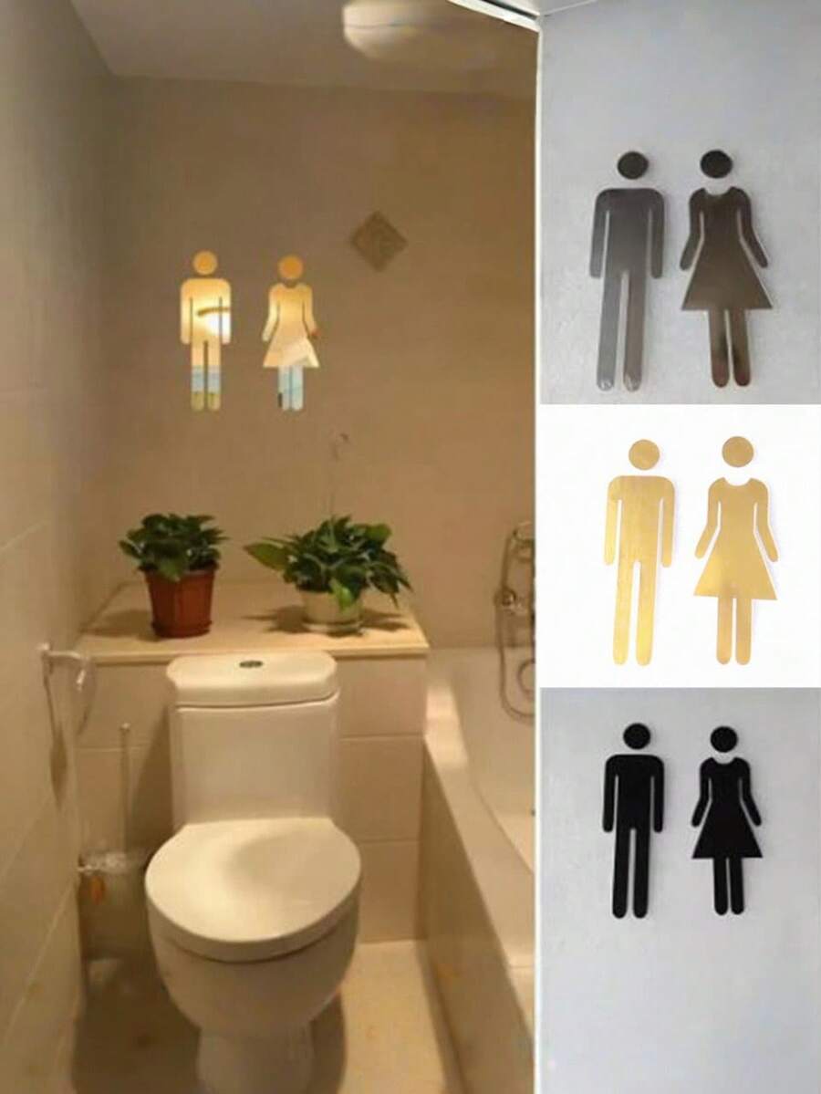 3D 壓克力公共廁所洗手間男女標誌鏡面貼紙 可移除現代藝術 Logo 牆貼裝飾 - 多色 - 查看 1