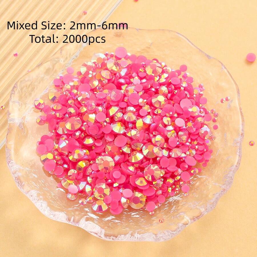 2MM-6MM 混合尺寸 2000顆/包 圓形平底樹脂水鑽，果凍糖 AB 色亮面亮片 DIY 寶石鑽石，黏貼式珠飾，適用於衣服、包包、鞋子、馬克杯、瓶子、保溫杯、手機、DIY 配件 - 中紫紅色62 - 查看 1