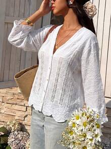 Vacation White Boho Eyelet Cutout Blouse Loose Petal Sleeve Scallop Hem Front Placket Shirt For Summer Street Daily Matching - White - View 5