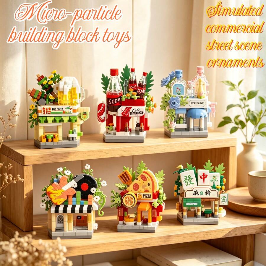 6pcs Mini Commercial Street Scene Micro Particle Building Blocks Toy Set With Gift Bag, ABS Resin Material, DIY Handmade Educational Stress Relief Toy, Desktop Warm Healing Decor, Suitable For Building Block Enthusiasts, Window Display, Entryway Decoration. Birthday Party Halloween Thanksgiving Christmas Eid Back To School - Multicolor - View 1