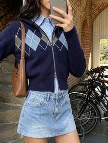Women's Collegiate Style Argyle Knit Zip-Up Cardigan Sweater, Suitable For Autumn Casual Style, Medium Stretch Regular Length Pullover - Navy Blue - View 4