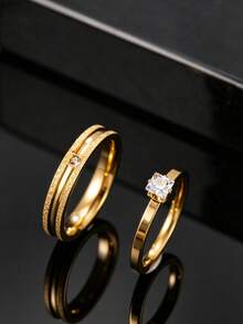 2pcs Exquisite Stainless Steel Gold Couple Rings With Frosted & Rhinestone Elements, Suitable For Men And Women Daily Wear, Holiday, Date, Engagement, Wedding Gift Jewelry (Includes Box) - Gold - View 4