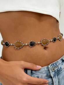 1pc Retro Bohemian Style Geometric Teardrop Resin Chain Waist Chain, Punk Style Elegant Sexy Creative Personalized Design Patchwork Color Block Body Chain, Suitable For Daily Wear, Party And Banquet - Silver - View 1