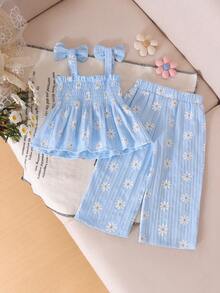 Conjunto de 2 piezas de top de tirantes y pantalones con estampado lindo y fresco para niña bebé, primavera/verano - Celeste - Ver 2