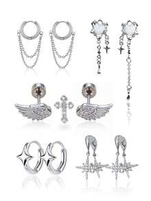 Xiacheng 3/5 Pasang Anting Gantung Salib Bintang Perak untuk Wanita dan Remaja, Anting Gantung Panjang dengan Rumbai, Anting Gantung Berkilau Rhinestone Unik Gaya Y2K - MultiWarna - View 1