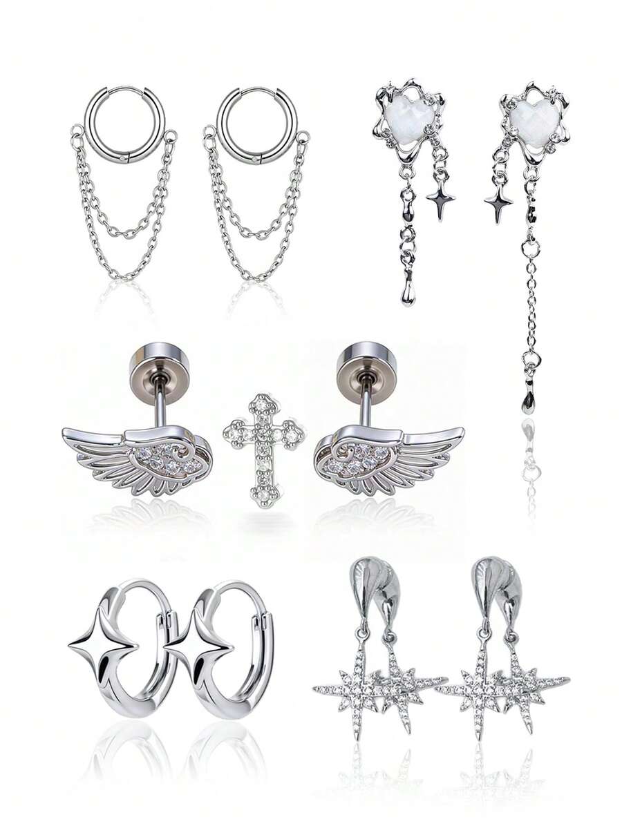 Xiacheng 3/5 Pasang Anting Gantung Salib Bintang Perak untuk Wanita dan Remaja, Anting Gantung Panjang dengan Rumbai, Anting Gantung Berkilau Rhinestone Unik Gaya Y2K - MultiWarna - View 1