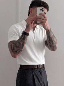 Men's Solid Color Half-Zip Casual Versatile Commute Travel Short Sleeve Polo Shirt - White - View 4
