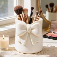 1pc Girl Style Bowknot 3-Compartment Makeup Brush Storage Box, Cream Color Desktop Cosmetic Organizer, Pen Holder, Portable Design, High Aesthetic, Unique Birthday Gift Idea For Girlfriend - Multicolor - View 10