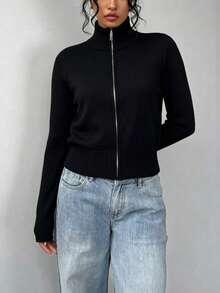 Women's Fitted Long Sleeve Knit Cardigan, Minimalist Commuter Style, Autumn Casual Black Fall - Black - View 8