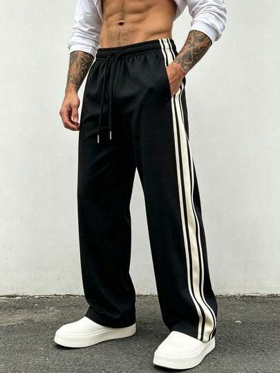 Men's Plus Size Outdoor Striped Drawstring Waist Pocket Casual Fashion Straight Leg Pants, Spring/Autumn, Minimalist Versatile