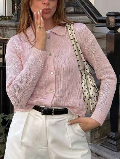 Women's Pink Button-Front Long Sleeve Knit Sweater, Regular Fit Spring Top, High Elasticity Fabric Sweater