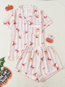 Women's Halloween Print Short Sleeve Shorts Bubble Crinkle Pajama Set - Red Violet - View 1