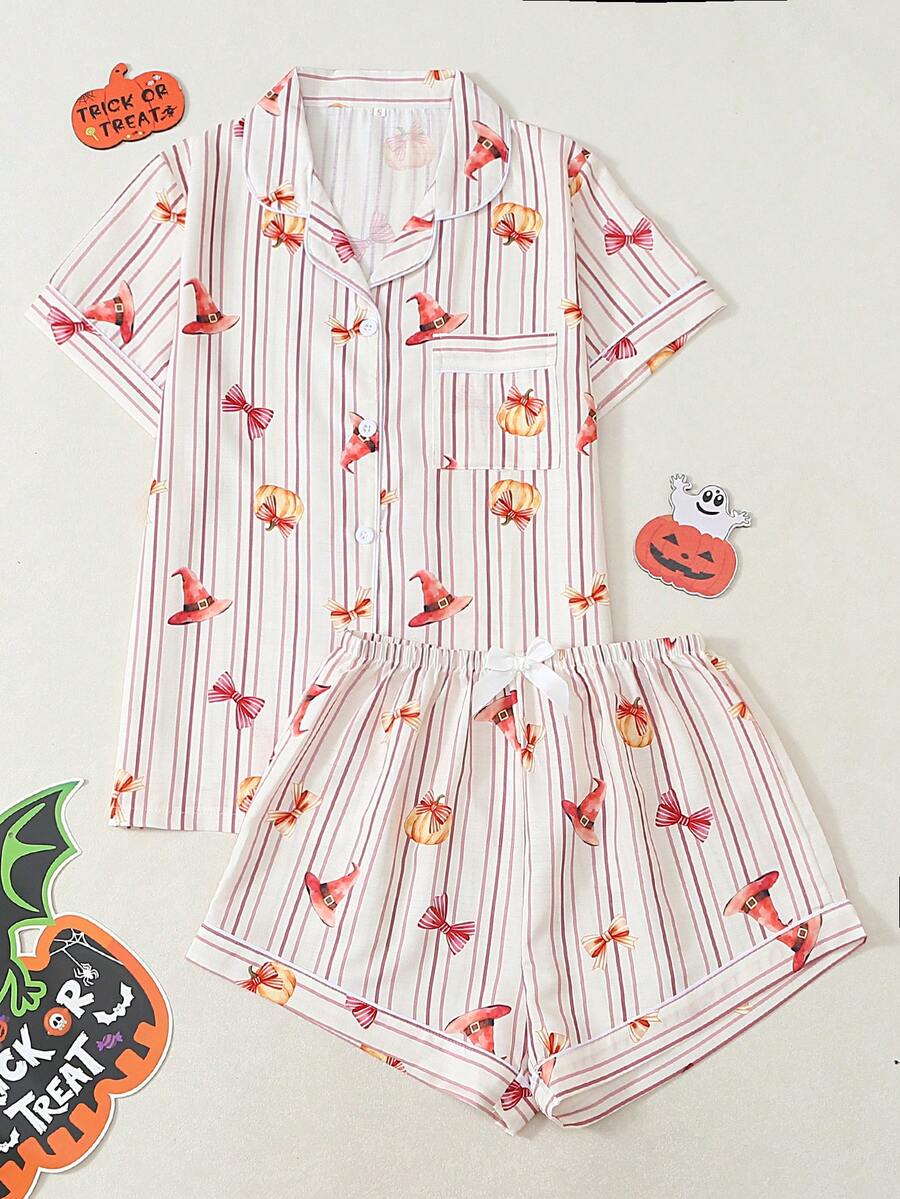 Women's Halloween Print Short Sleeve Shorts Bubble Crinkle Pajama Set - Red Violet - View 1
