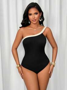 Women's Black Sleeveless One Shoulder Bodysuit In Ribbed Knitted Fabric, Featuring Contrast Collar, Backless Detail, And Bodycon Fit - Black - View 6